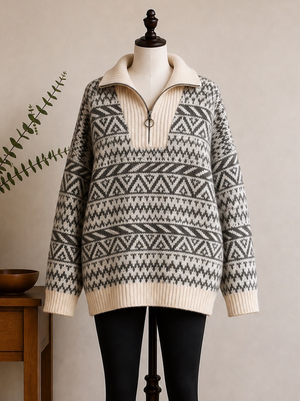Aerie Fair Isle Nordic Oversized Quarter Zip Wool Sweater M Après Ski